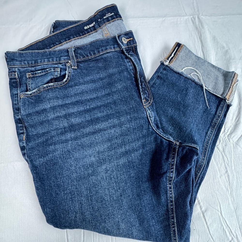 Old Navy Womens 18 Mid-Rise Boyfriend Jeans Blue Denim Cuffed Raw Hem